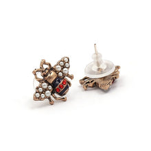 Load image into Gallery viewer, Bee Enamel Stud Pearl Earring Rhinestone Vintage Look
