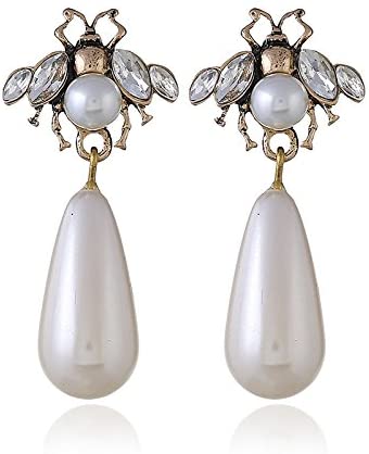 Bee Enamel Stud Pearl Earring Rhinestone Vintage Look