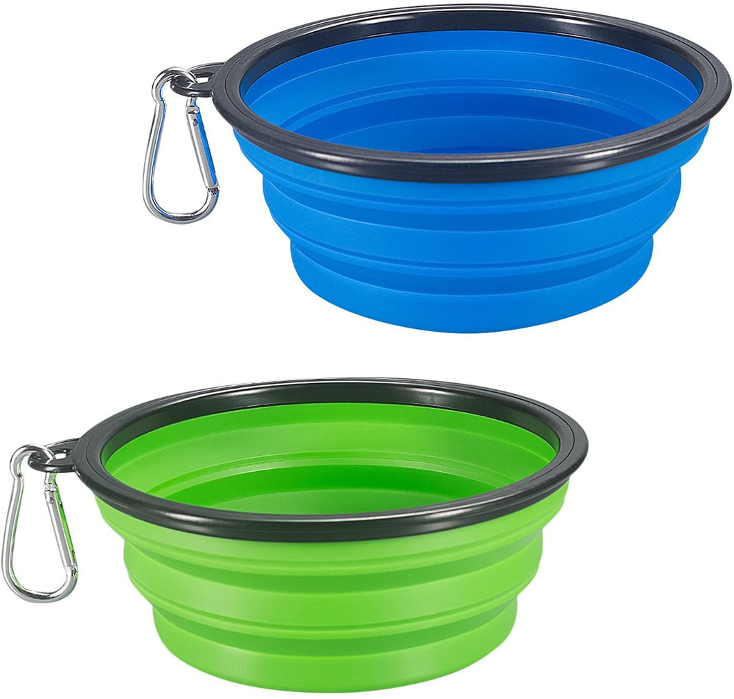 Folding Dog Travel Bowl Set Clip BLUE and GREEN